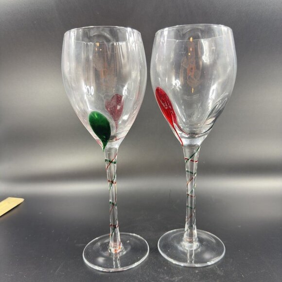 Pier 1 Red Green Swirl Wine Goblet Drinking Glasses Optic Discontinued Set of 2 - Picture 12 of 13